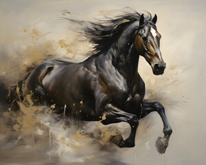 Obraz premium Luxury abstract horse painting in creamy coffee and white palette, Arabian horse with graceful long mane, subtle gold details, warm sophisticated atmosphere.