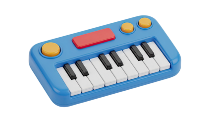 3D Blue toy piano with red and yellow buttons on transparent background