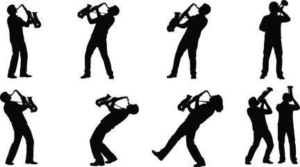Fototapeta premium Jazz musician silhouette illustration, saxophone and trumpet players, dynamic poses, performance stances, black vector icons, isolated
