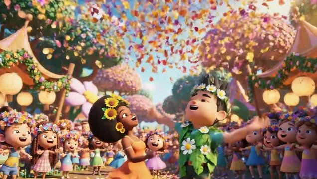 Animated characters celebrating a vibrant festival with confetti and flowers.