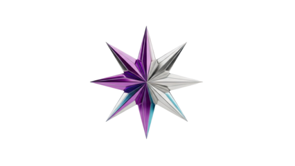 3D Abstract geometric star with metallic purple and silver finish on transparent background