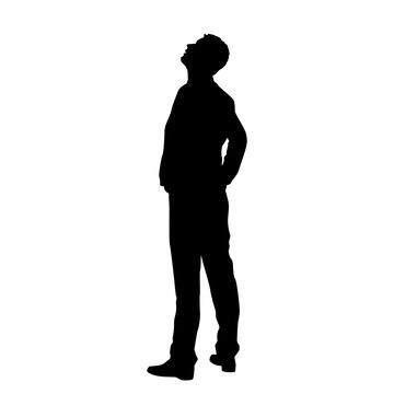 Businessman standing, looking up, profile, silhouette, vector, single, business person, black color, isolated on white background