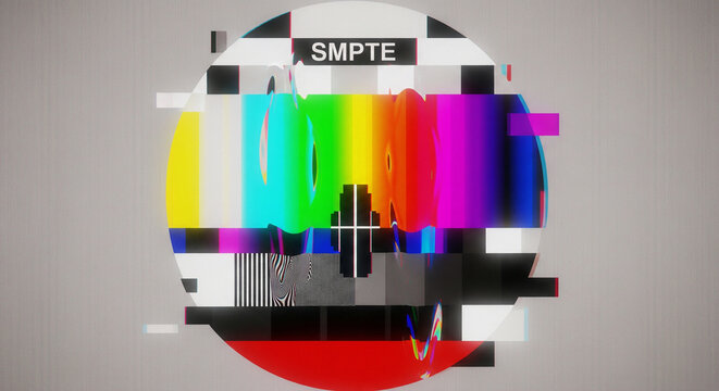 SMPTE Color Bars: A classic SMPTE color bars signal on a television screen, showcasing vibrant hues and a test pattern essential for broadcast calibration and technical examination.