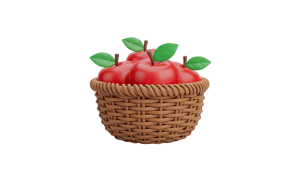 3D Apples in a woven basket with leaves on transparent background