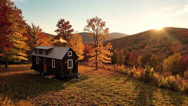 A charming tiny house nestled among vibrant autumn hills at sunset