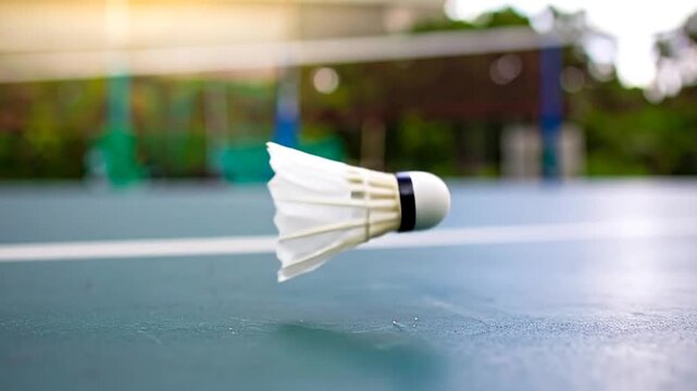 A shuttlecock in flight above a court with blurred background and sunny, bright lighting