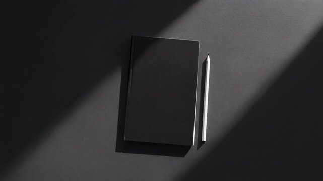 Flat lay of matte black notebook with matching pencil on a dark surface