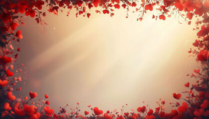  Romantic red-pink background with plant and heart border, banner or card template