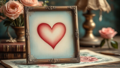 Heart in Frame for Lovers Vintage Pastel Style Aged Paper Romantic Card Template