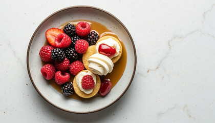 Berry Dessert on Plate on White Table Top View Sweet Food Photography