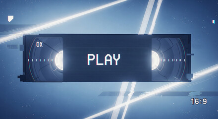 Retro Vibes: A close-up of a VHS tape with PLAY displayed prominently, capturing the essence of nostalgia and vintage technology.