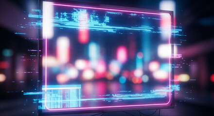 Obraz premium Digital Display in the City: A futuristic digital display showcases a vibrant, blurred city backdrop, illuminated with neon colors, creating an atmosphere of modern technology and urban life. 