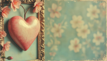 Distressed Antique Heart Frame on Pastel Background for Couples Retro Design