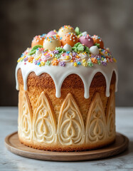 Freshly Baked Easter Kulich with Ornament Traditional Russian Holiday Bread