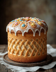Newly Baked Orthodox Kulich with Folk Ornament on Rustic Wooden Table