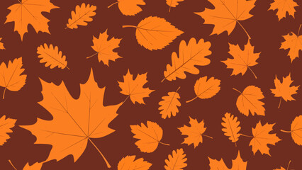 Obraz premium Vibrant autumn leaves pattern with orange maple and oak leaves on a warm brown background, perfect for seasonal design, fall decor, and textiles.