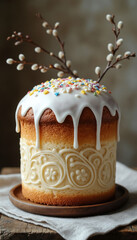 Traditional Russian Easter Kulich Cake with White Glaze Holiday Sweet Bread Baking