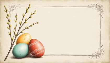 Easter Background with Doodle Eggs and Frame Copy Space for Greeting Card Design