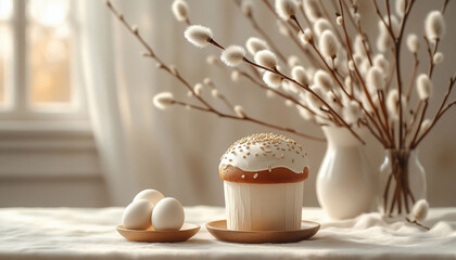 Festive Easter Table Setting with Glazed Kulich and Decorations Spring Celebration