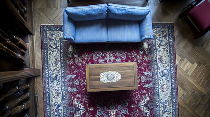 Overhead view of a blue striped sofa on a patterned rug with a w