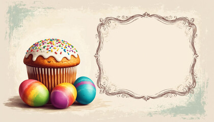 Easter Doodle Frame with Hand-Drawn Kulich Cake Blank Space for Greeting Card