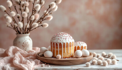 Easter Table Setting Kulich Willow Branch Eggs on Pink Pastel Background