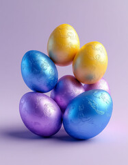 Stack of Multicolored Easter Eggs on Soft Purple Minimalist Background