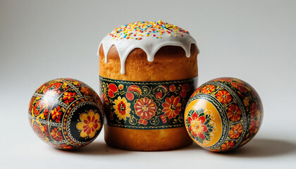 Russian Traditional Kulichi and Eggs with National Ornament Folk Easter Still Life
