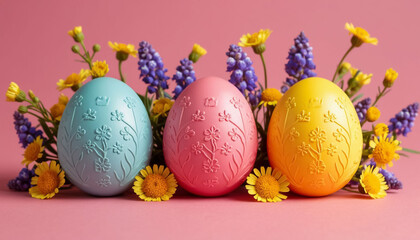 Decoratively Adorned Rainbow Easter Eggs with Flowers Vibrant Spring Holiday Illustration