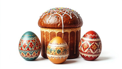 Russian Traditional Kulichi and Eggs with National Ornament Folk Easter Still Life