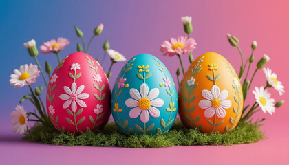 Colorful Easter Eggs Decorated with Blossoms and Leaves on White Background Top View