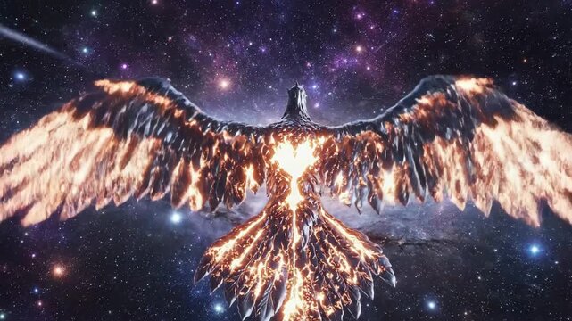 A magnificent fiery phoenix silhouette soars majestically through a vibrant cosmic galaxy, representing rebirth and eternal transformation.