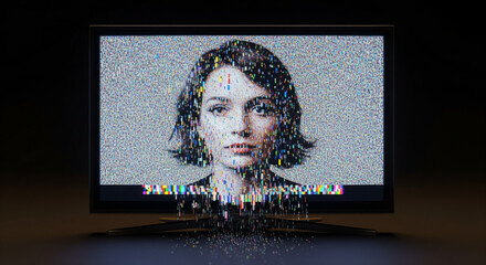 Digital Reality: A captivating image depicting a woman's portrait, dissolving in a TV screen of static, creating a modern interpretation of a technological and digital age