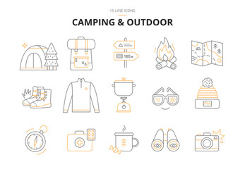 Camping and outdoor adventure icons. Travel and hiking equipment. Line vector illustrations isolated on a white background.