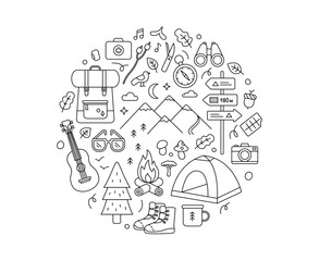 Camping and outdoor adventure icons. Travel equipment, including a mountain, a tent, a backpack, and natural elements. Line vector illustration isolated on a white background.