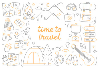 Camping and hiking icons. Outdoor travel adventure concept with nature elements and equipment. Line vector illustration for banners or ads.