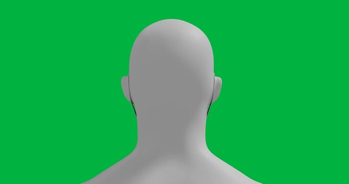 Animation of a 3D human face wearing a mask spinning around in a dark background