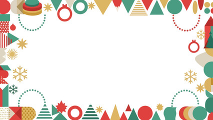 Colorful Christmas border with geometric ornaments, trees, and snowflakes for festive design projects