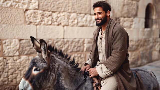 Street in an old city. A calm, smiling middle-aged man rides a donkey through the streets of an ancient city against a backdrop of a stone wall, camera follows the man, video about biblical stories
