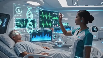 Futuristic hospital room with advanced medical technology and DNA analysis. - Powered by Adobe