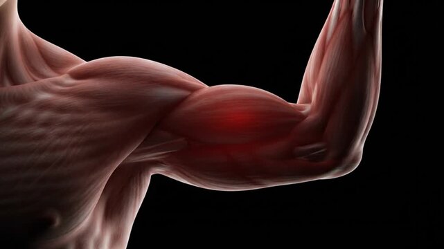 Detailed 3D rendering of a human arm showing muscle pain or injury in the biceps area.