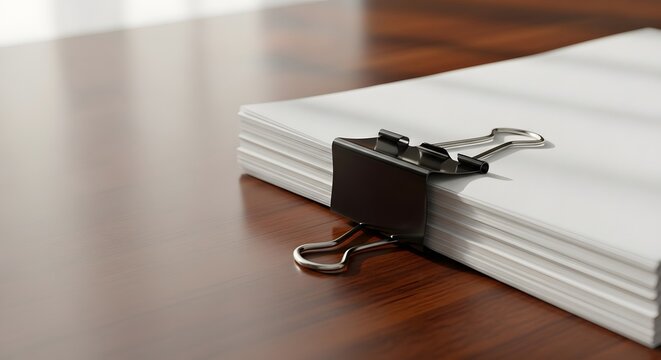A tidy stack of important legal documents secured with a black clip, symbolizing an organized bureaucracy concept. - Powered by Adobe