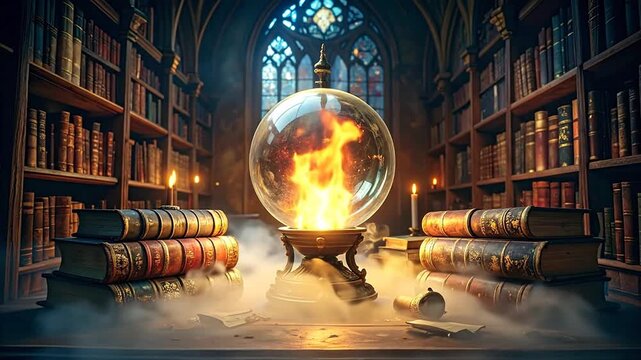 A mystical library features a crystal ball with fire. Bookshelves surround a table with books