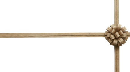 Top view of kraft paper ribbon and decorative bow isolated on transparent background for eco friendly gift wrapping and sustainable packaging design element concept.