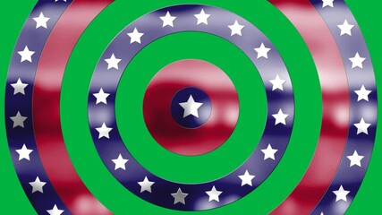 Animation of American flag with turning white stars with white, blue and red circles - Powered by Adobe