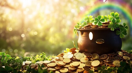 Pot of gold coins with clover leaves and rainbow st. patrick's day