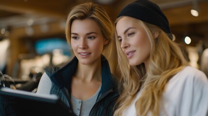 A personal stylist reviewing outfit options with a client in front of a full-length mirror, offering tailored fashion advice focused on body confidence and everyday wear. cinematic color