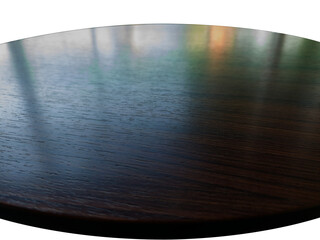 Polished dark brown circular wooden tabletop against transparent background. Features smooth reflective surface with natural wood grain textures and elegant timber craftsmanship