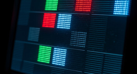 Digital Display Array: A close-up captures an illuminated array of colorful squares on a digital display, presenting a data visualization with vibrant and sharp details