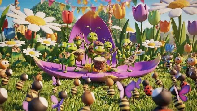 A lively band of cartoon insects performs music in a vibrant flower garden, surrounded by an enthusiastic audience of various bugs.